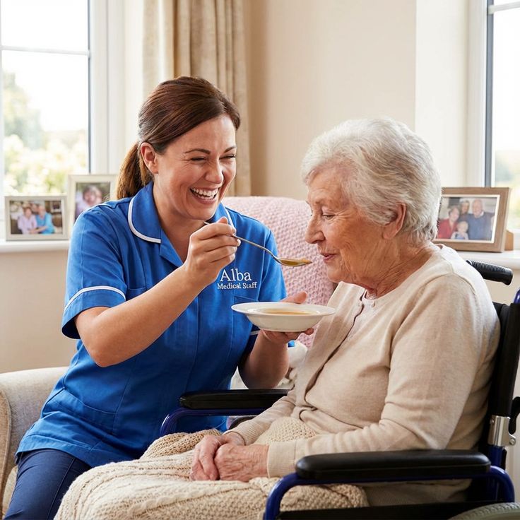 Pflegekraft und Patientin lächeln