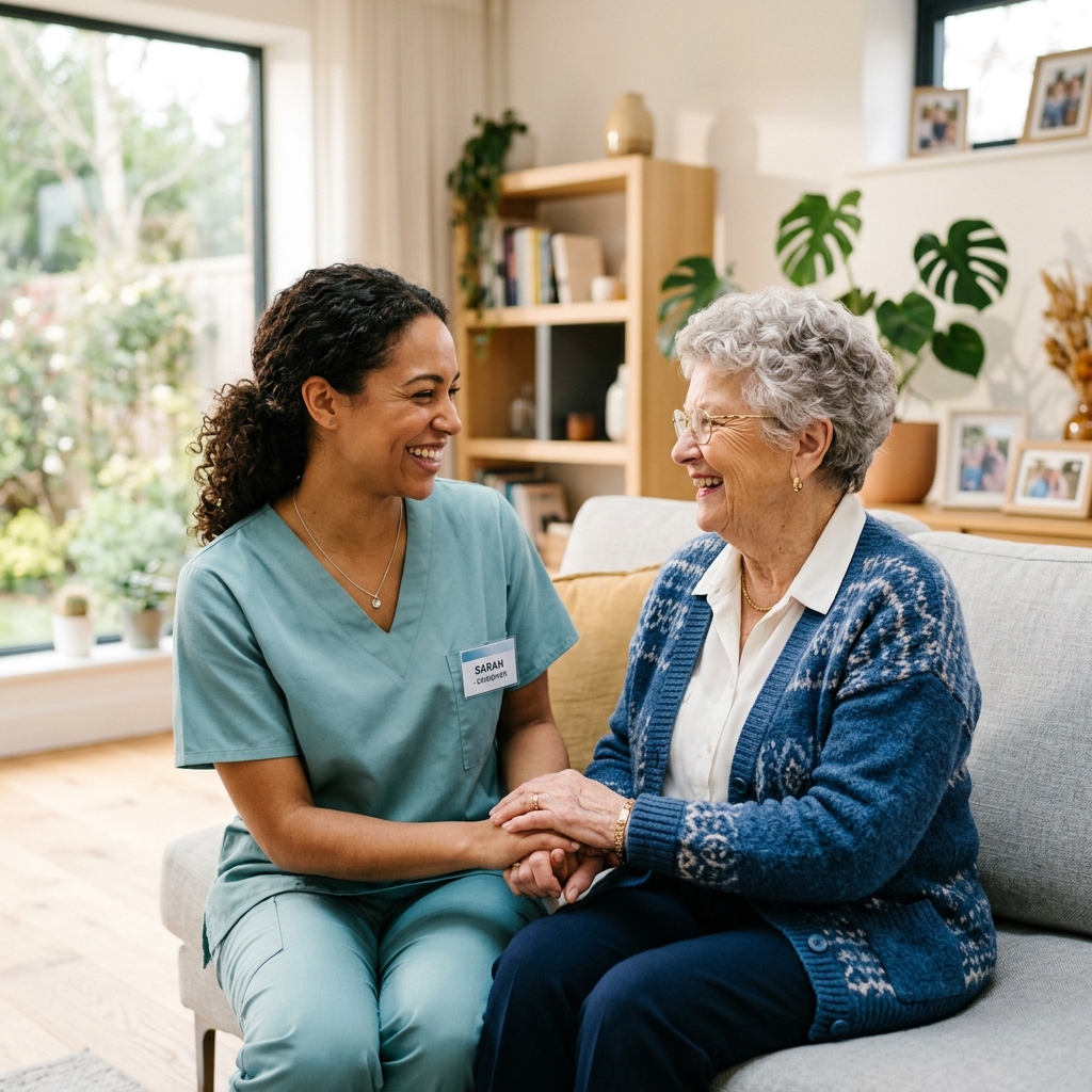 Pflegerin hilft Seniorin